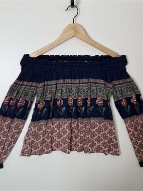 Hollister Navy Off-Shoulder Bohemian Top with Rose Accent